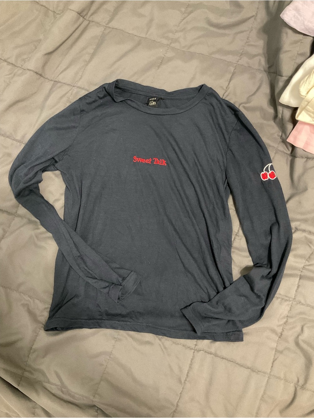 Sweet Talk Long-Sleeve Crewneck Shirt - Navy with Cherry Accent